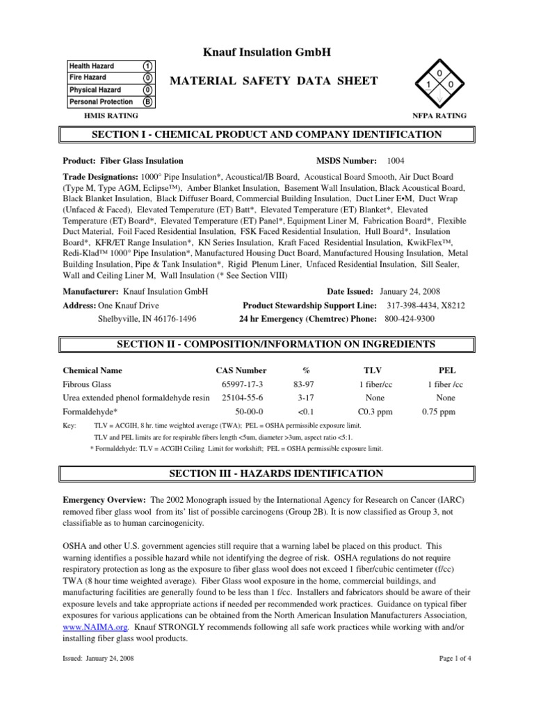 Knauf Duct Liner Cured Product MSDS Sheet PDF Fiberglass Duct (Flow)