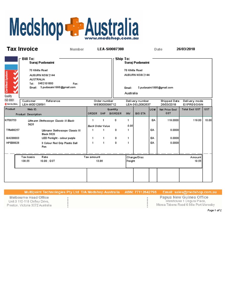 Tax Invoice for Littmann Stethoscope | PDF