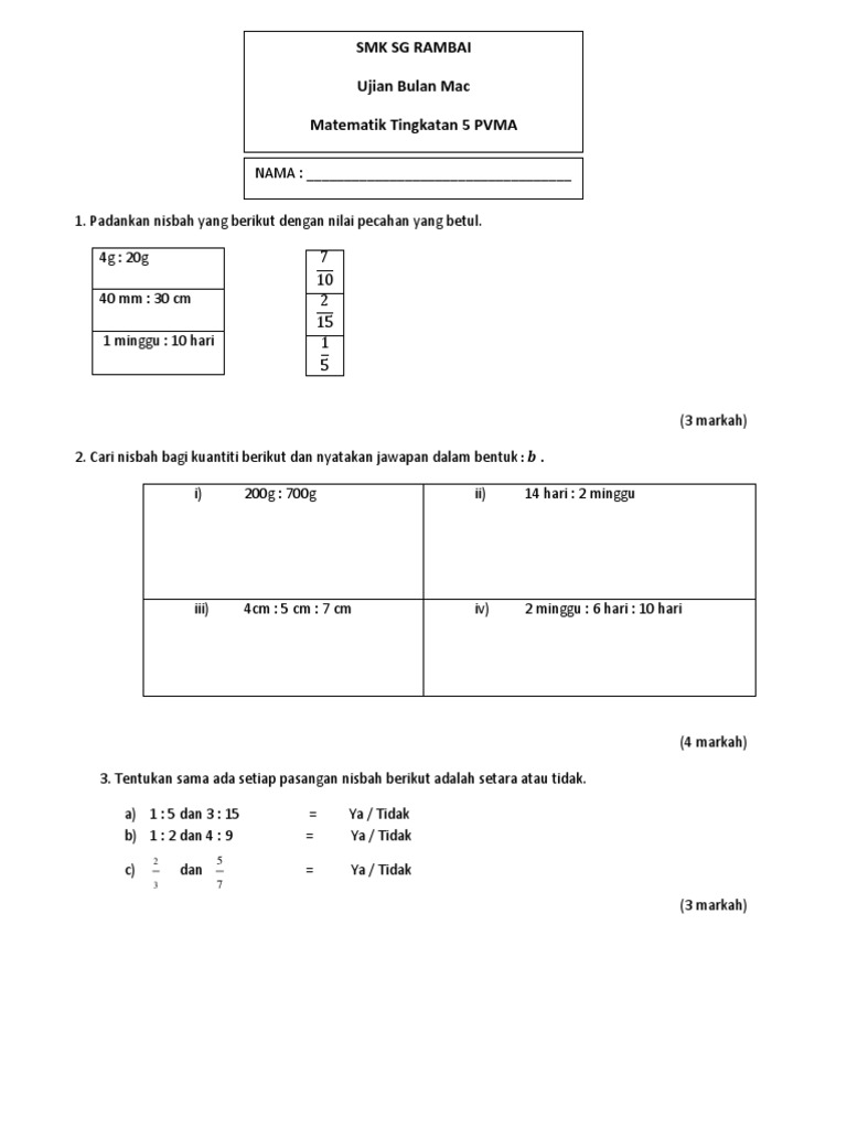 Ujian 1 Matematik pvma