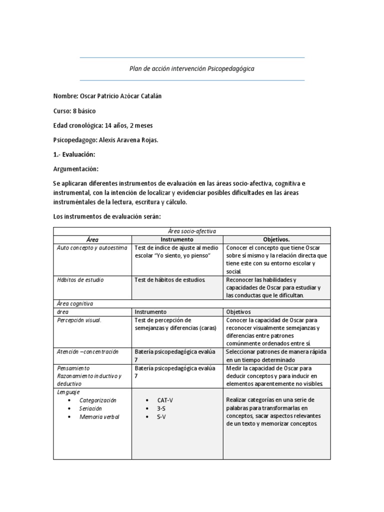 Plan de Intervención Psicopedagógica | PDF | Percepción | Evaluación