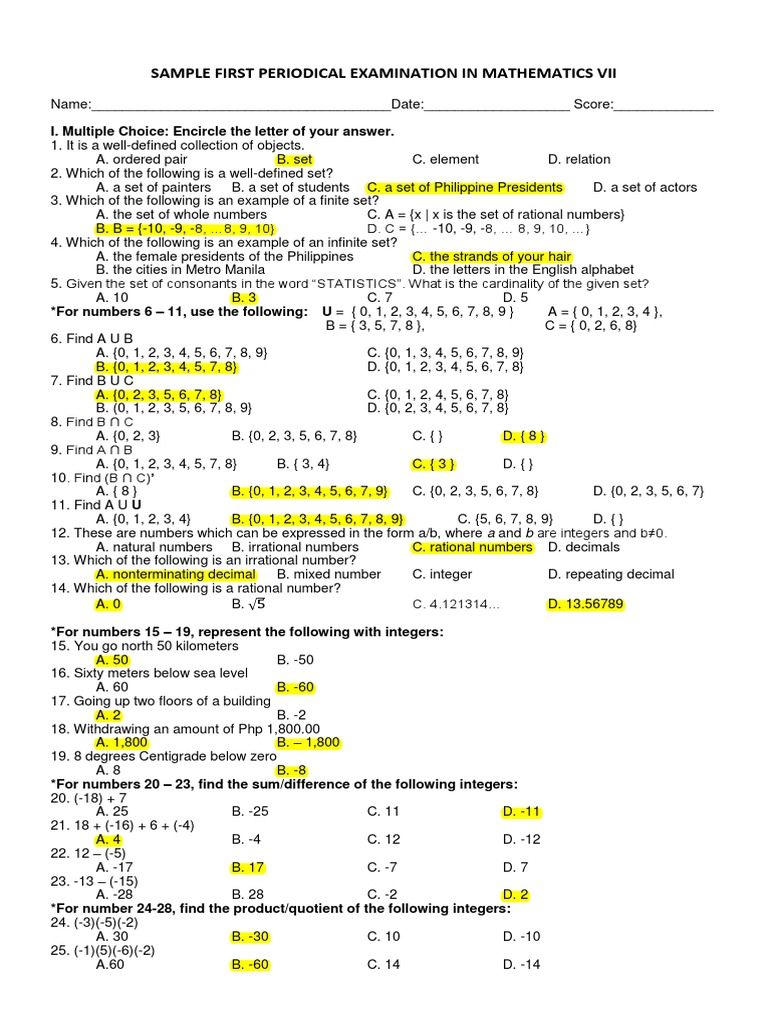 Math VII Periodical Exam Sample Questions | PDF | Fraction (Mathematics ...