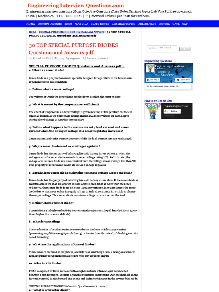 30 Top Special Purpose Diodes Questions and Answers PDF Special Purpose