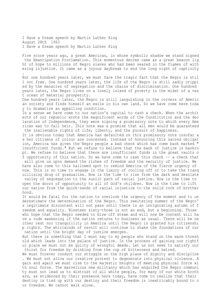 I Have A Dream Speech By Martin Luther King Pdf Justice Crime Violence