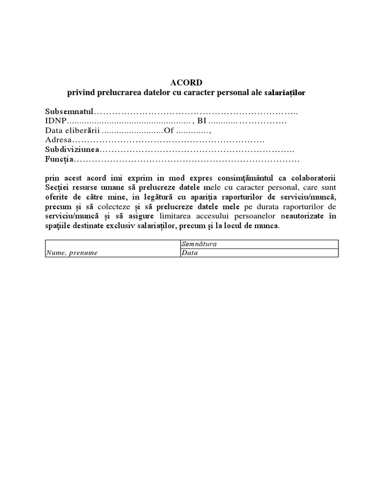 Acord privind prelucrarea datelor cu caracter personal ale salariaților