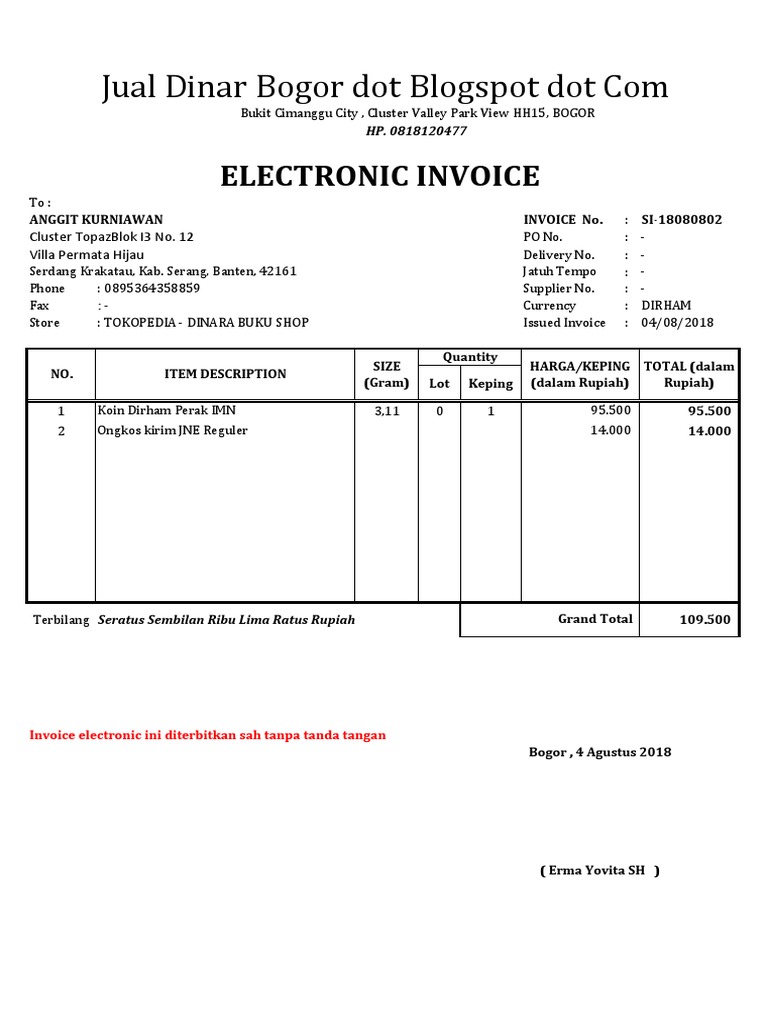 #95 Invoice - Dirham To Anggit Kurniawan | PDF