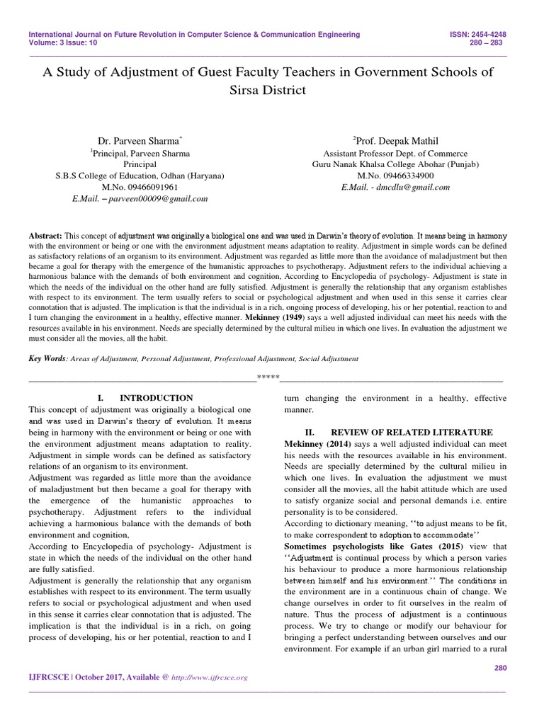 A Study of Adjustment of Guest Faculty Teachers in Government Schools ...