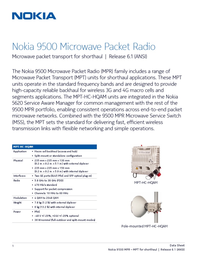 Nokia 9500 MPR MPT Short-haul R6-1 ANSI Data Sheet En | Microwave ...