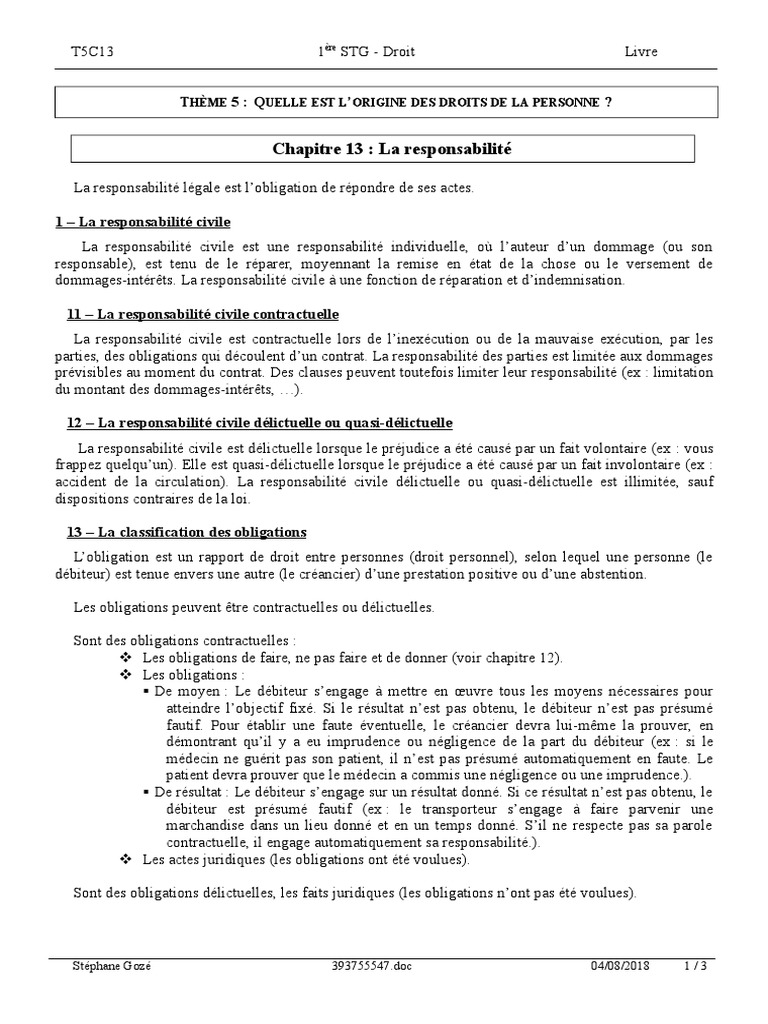 Responsabilité Civile et Pénale en Droit | PDF | Droit des obligations ...