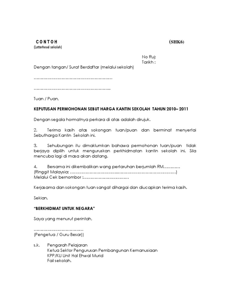 Format Surat Makluman Tidak Berjaya Shk6