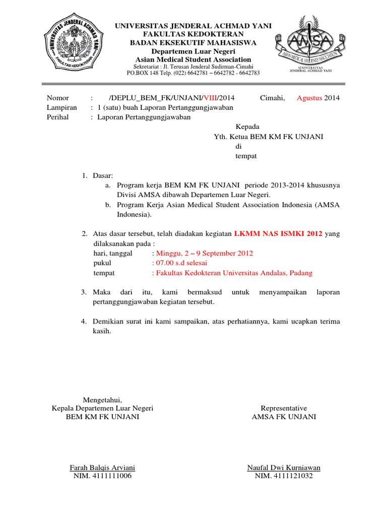 Surat Pengantar Lpj Bem Amsa
