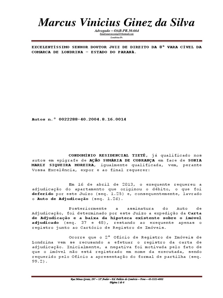 Modelo - Pedido Adjudicação - Ofício Ao Registro - Recusa Anterior