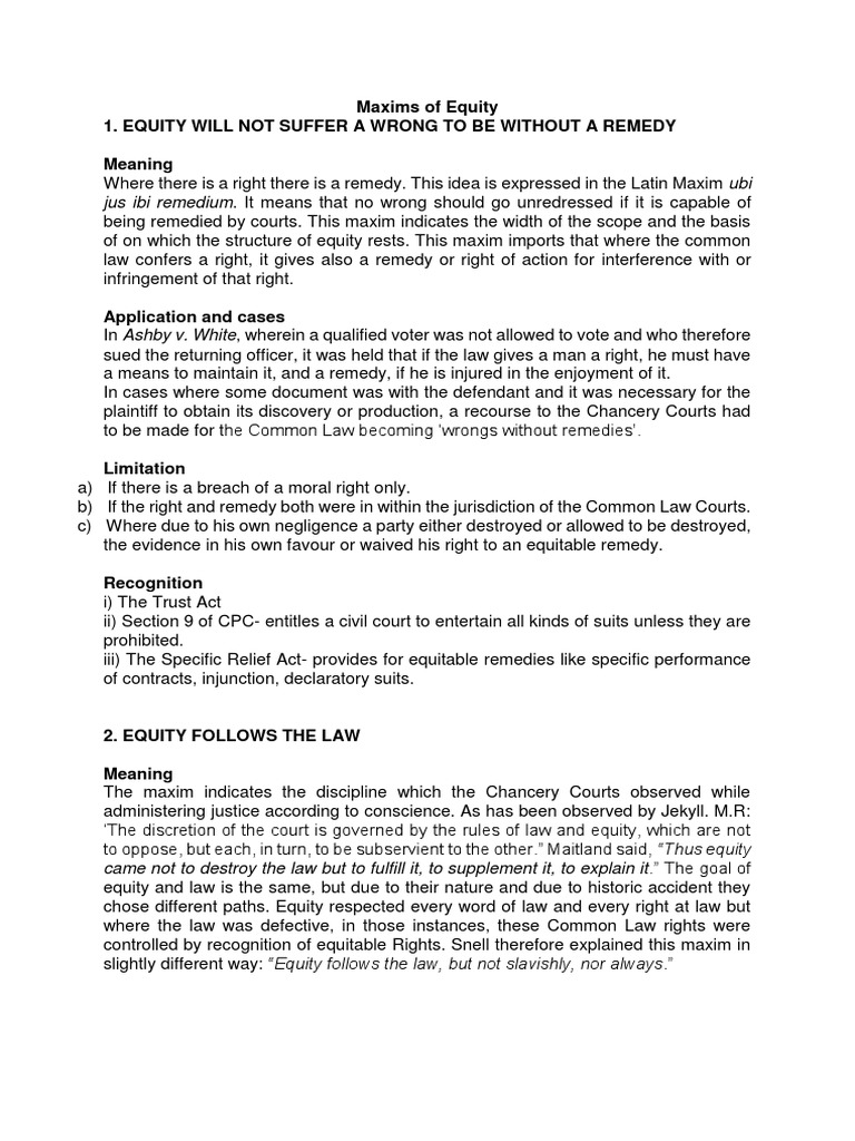 Maxims of Equity PDF Equity (Law) Laches (Equity)
