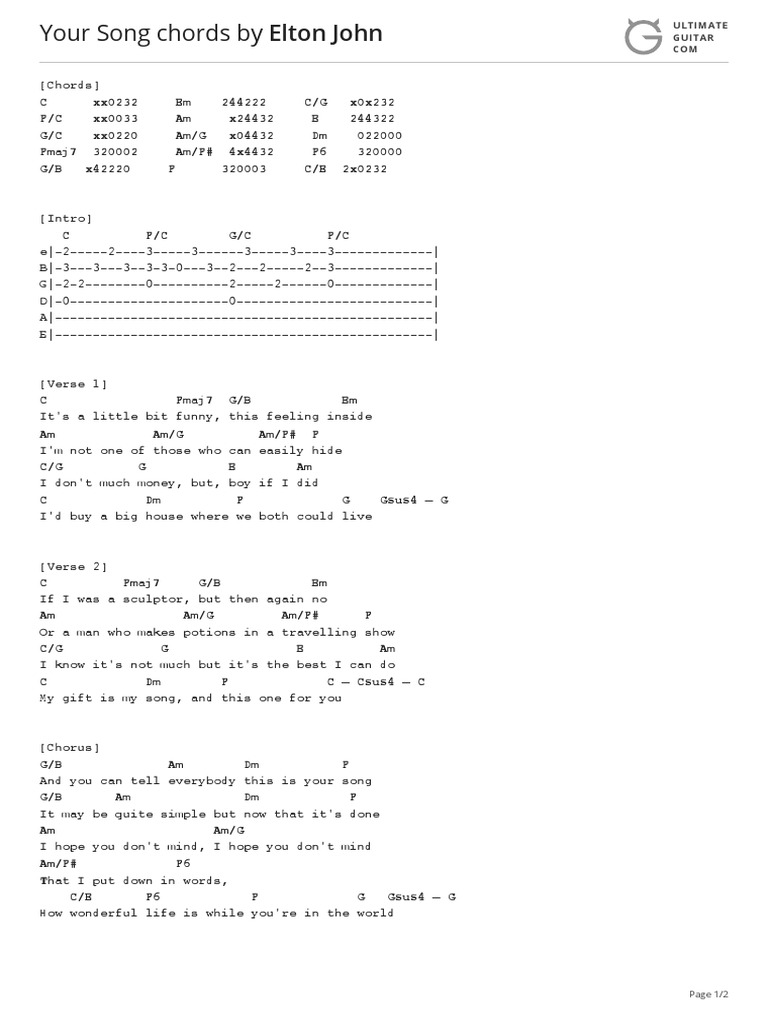 Your Song Chords by Elton John Song Structure Popular Music