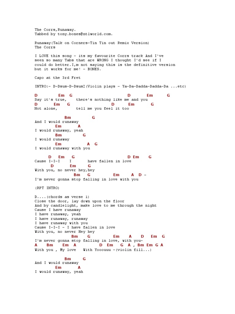 The Corrs Runaway Chords PDF Song Structure Vocal Music