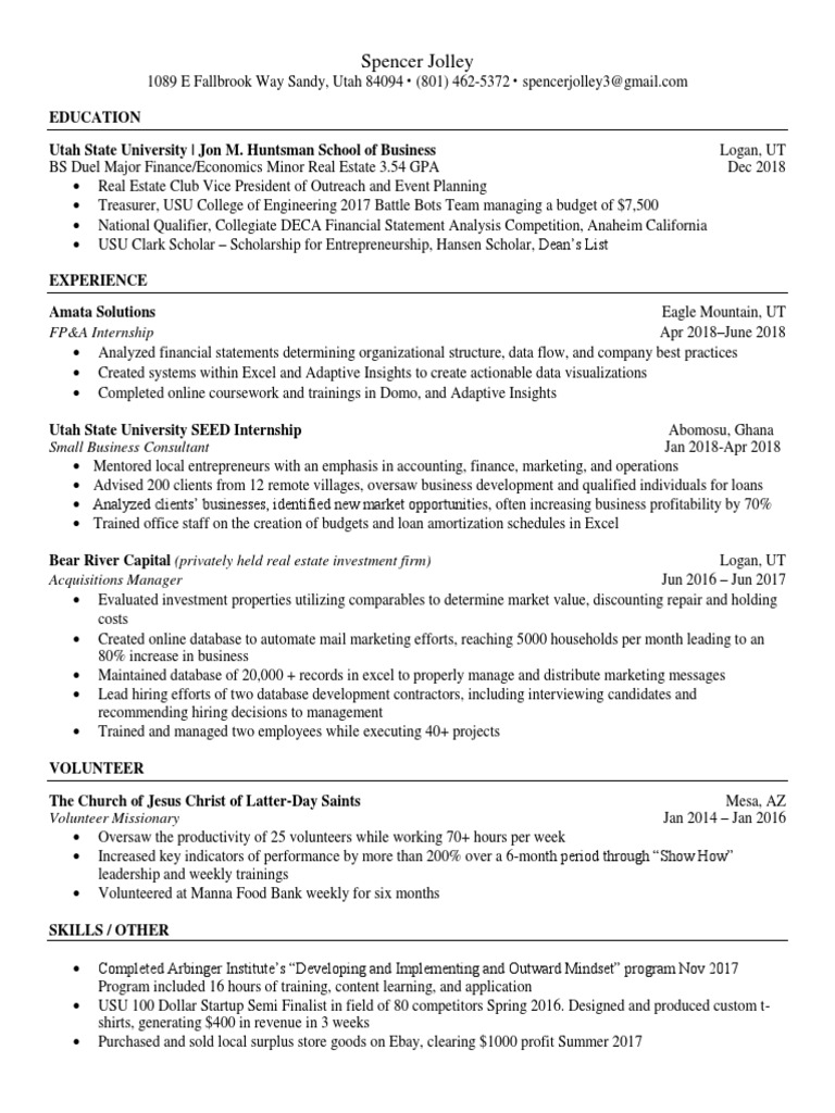 Spencer Jolley Resume Extra Space Storage PDF Entrepreneurship