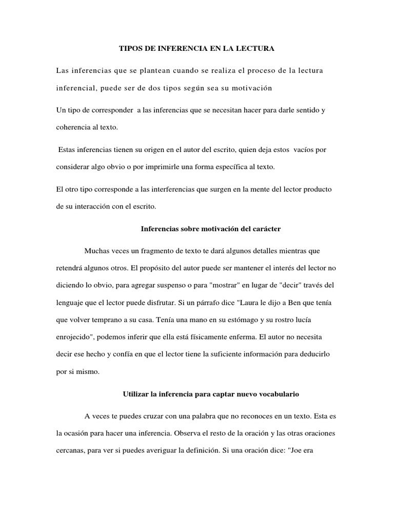 Tipos de Inferencias en la Lectura | PDF | Inferencia | Lectura (proceso)