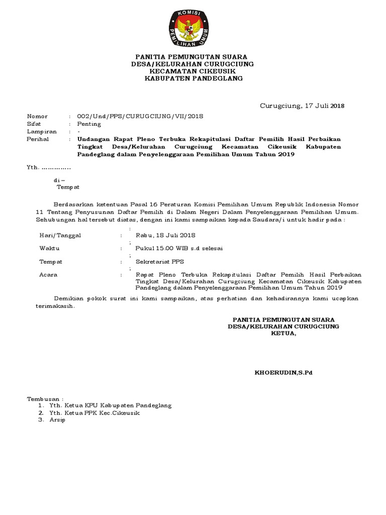 UNDANGAN RAPAT PLENO TERBUKA REKAPITULASI DAFTAR PEMILIH | PDF