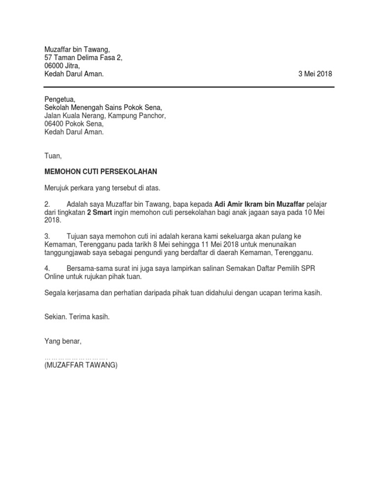 Surat Cuti Sekolah Pdf
