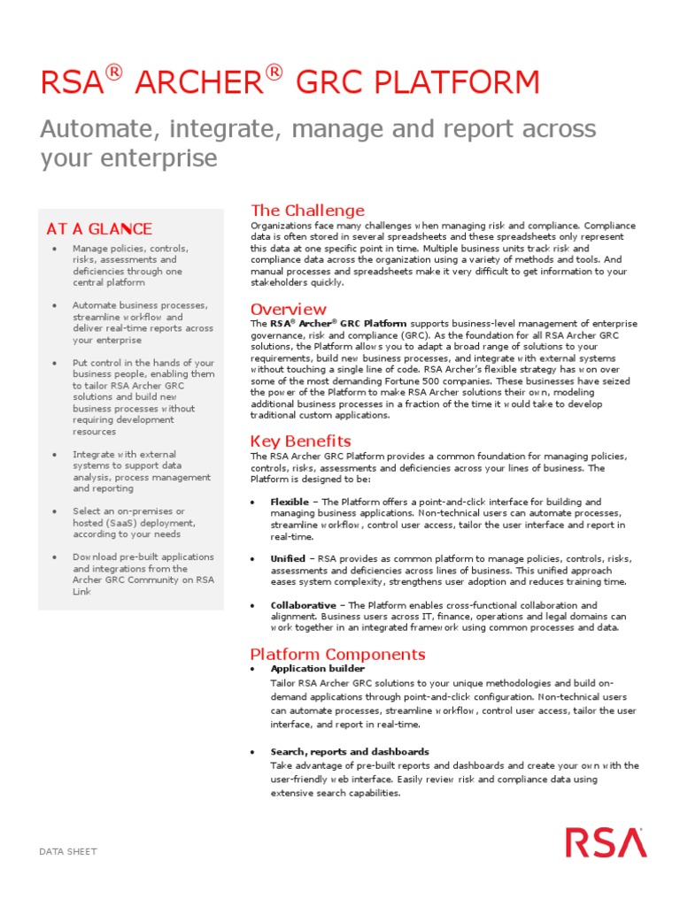 h11151 Rsa Archer GRC Platform Ds PDF PDF Business Process Management Business Process