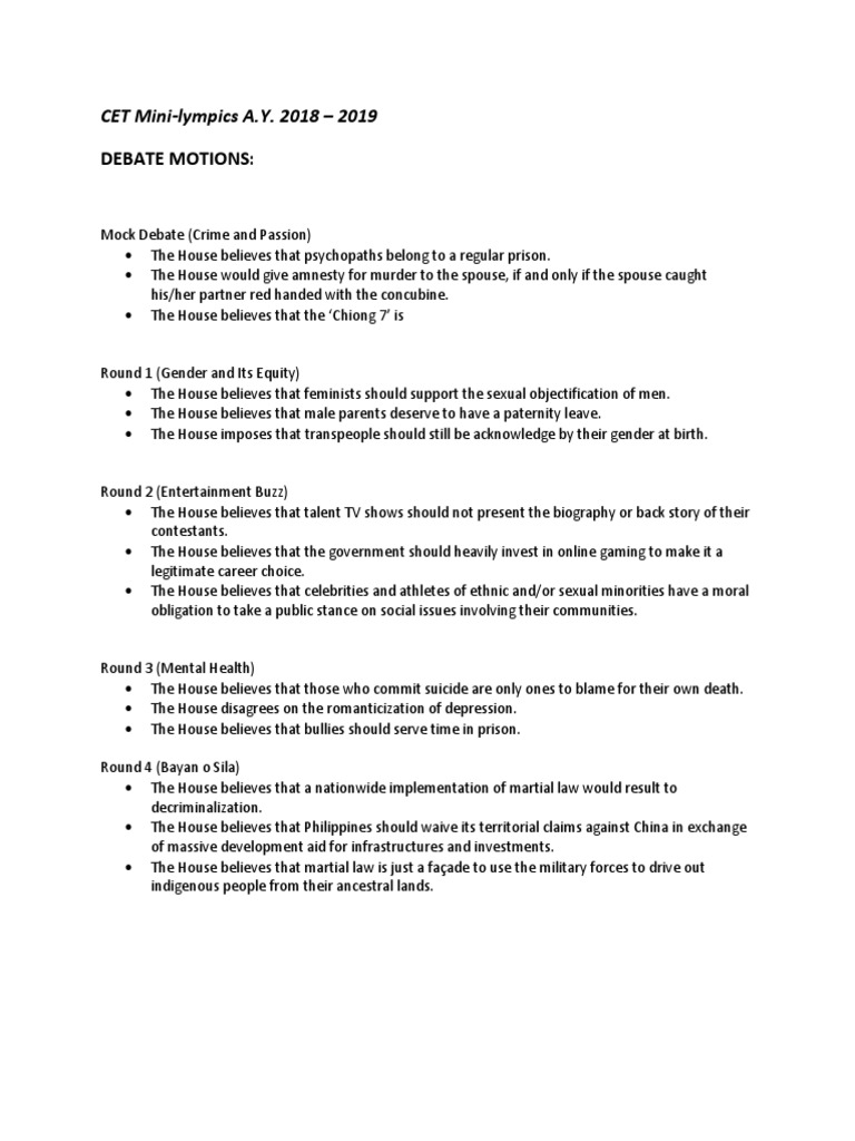 Debate Motions:: CET Mini-Lympics A.Y. 2018 - 2019 | PDF | Human Rights ...