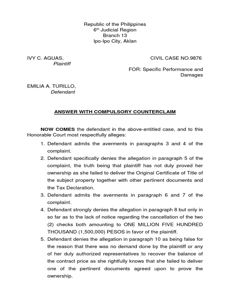Answer with Compulsory Counterclaim | PDF | Lawsuit | Complaint