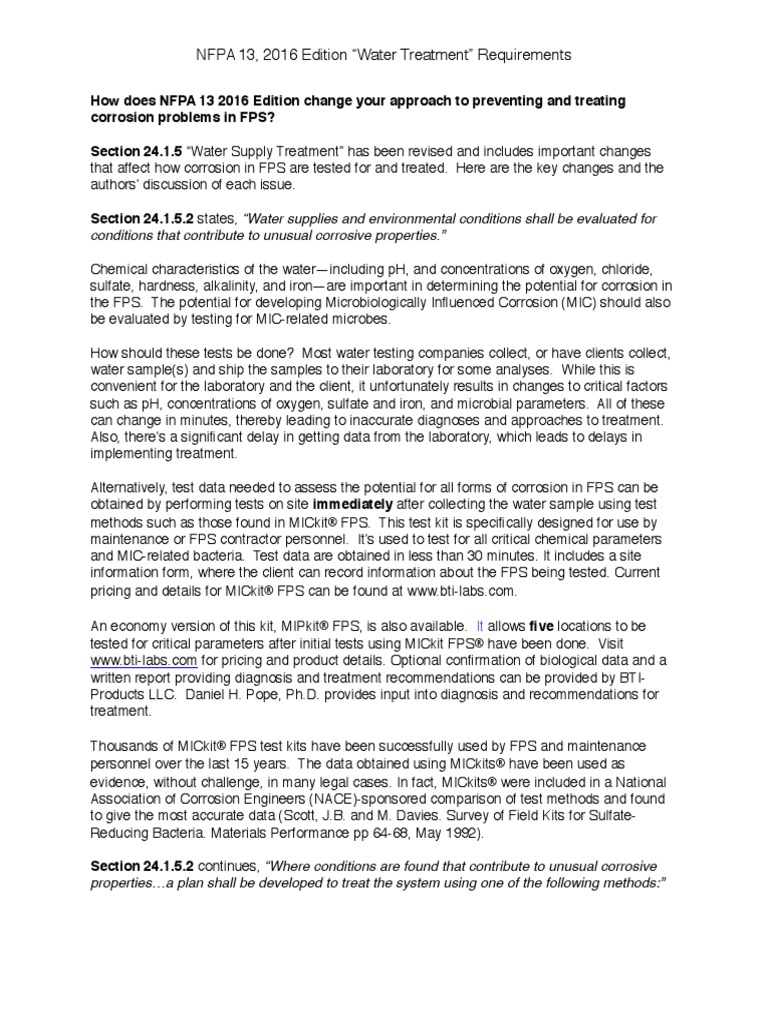 NFPA 13, 2016 Edition Water Treatment Requirements PDF Corrosion