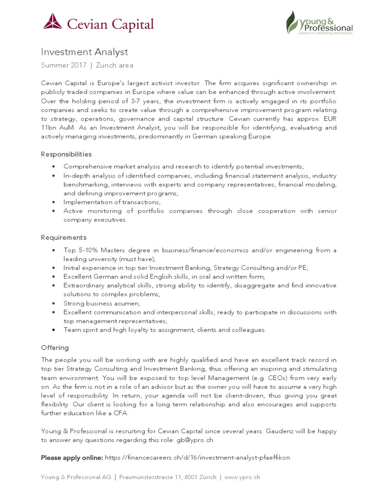 Investment Analyst Cevian Capital 17 Financial Analyst Investment Banking