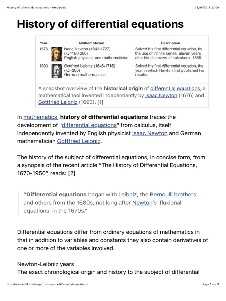 History of Differential Equations Differential Calculus Ordinary