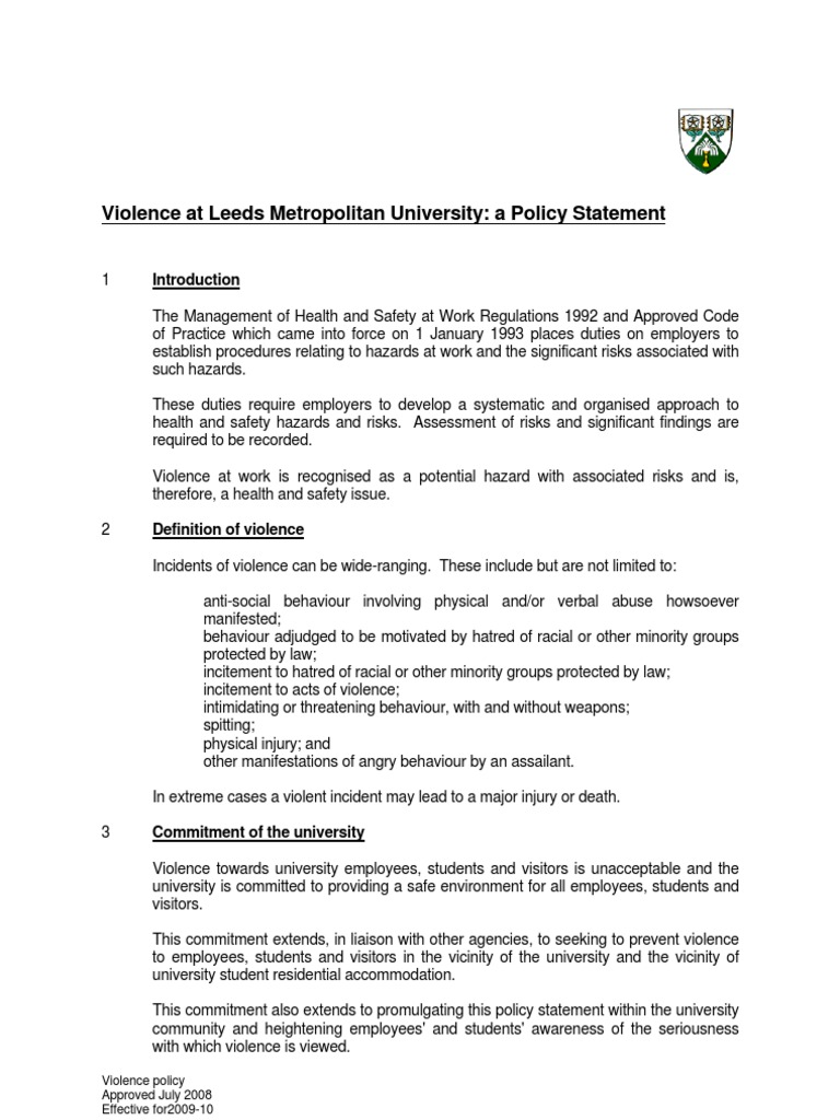 Leeds Met Response 2 of 3 PDF Violence Occupational Safety And Health