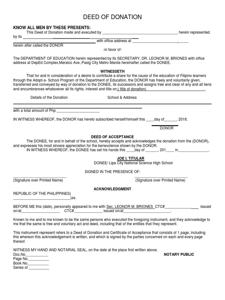 Blank Deed of Donation PDF Philippines Government