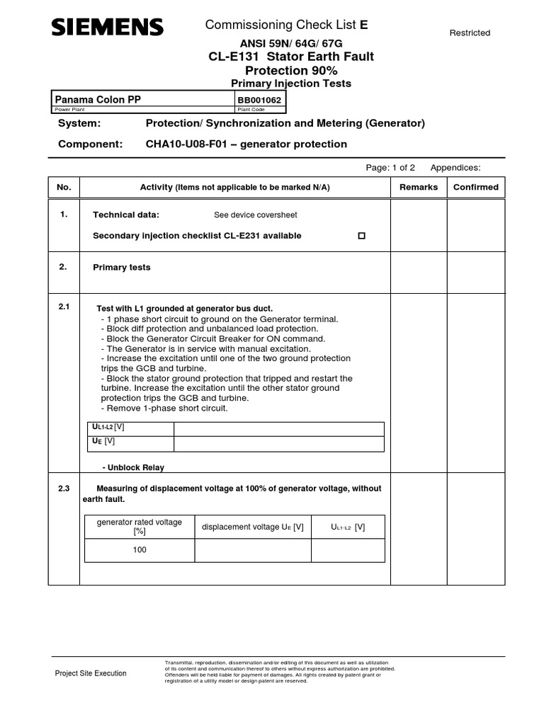CLE131 Stator Earth Fault Protection 90 Commissioning Check List E