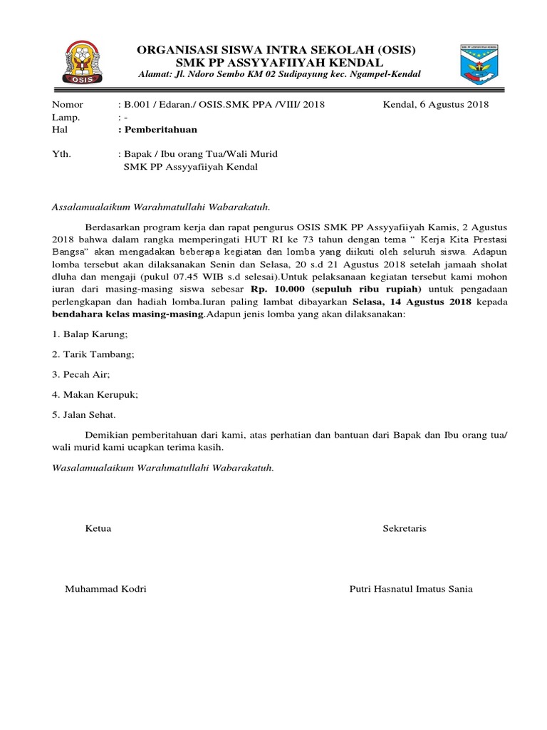 Contoh Surat Edaran Osis