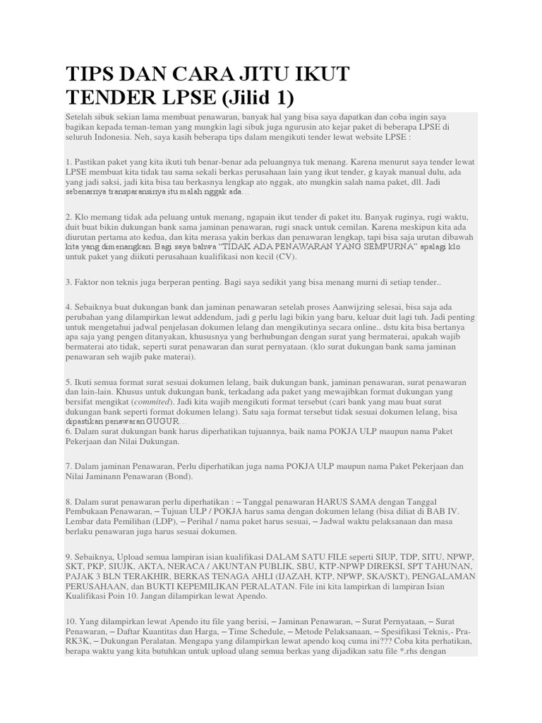 Tips Sukses Tender LPSE Indonesia | PDF