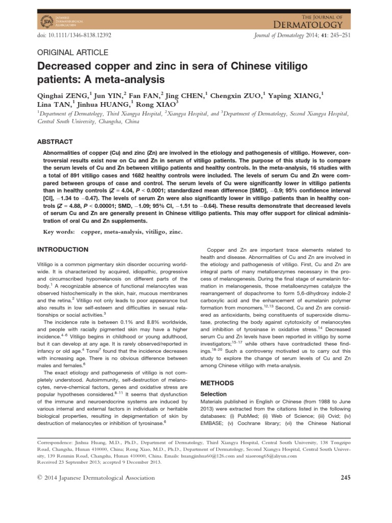 Decreased Copper and Zinc in Sera of Chinese Vitiligo Patients A Meta