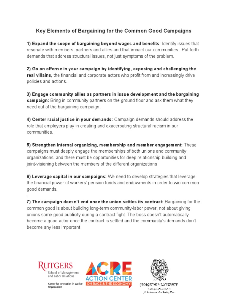 Key Elements of Bargaining For The Common Good Campaigns PDF Trade Union Labor