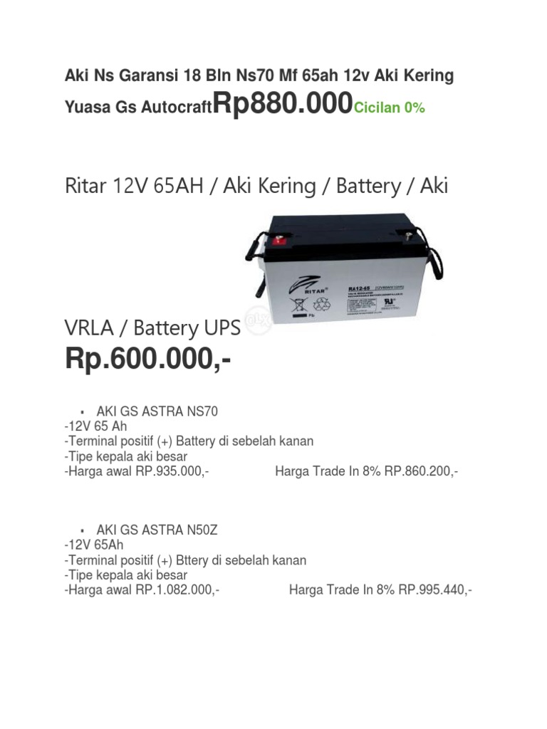 Aki Kering 12v 65ah (Harga) | PDF