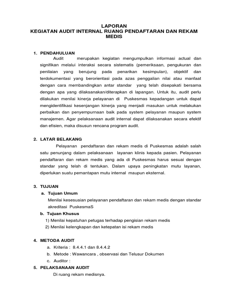 Laporan Kegiatan Audit Internal Ruang Pendaftaran Dan Rekam Medis Puskesmas Kepadangan Tahun 2018 Docx