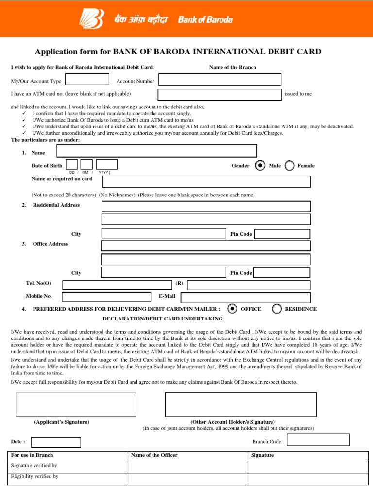 Bank of Baroda International Debit Card Form | PDF | Debit Card ...