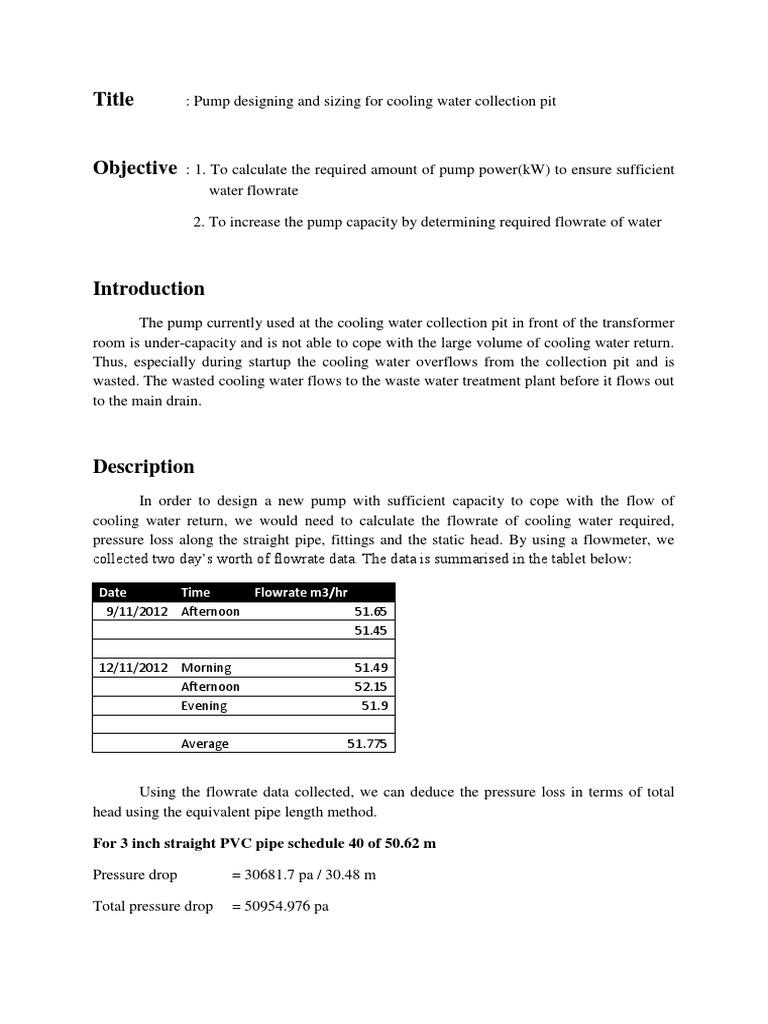 Pump Sizing of A Cooling Water Pump PDF Pump Water