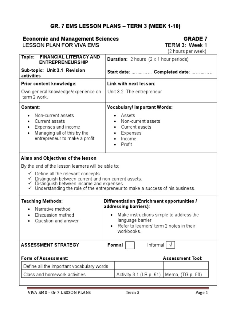 Viva Ems Gr 7 Lesson Plans Term 3 Week 1 10 Teaching Method Lesson Plan