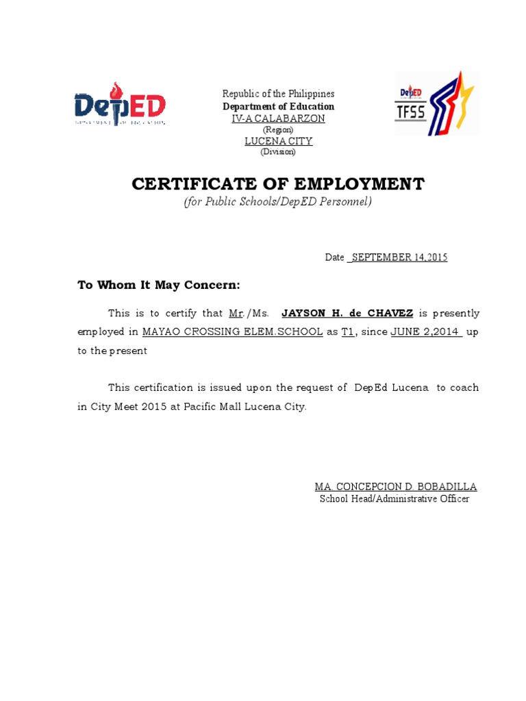 Cerificate of Employment DepED Personnel 2010 Palaro PDF