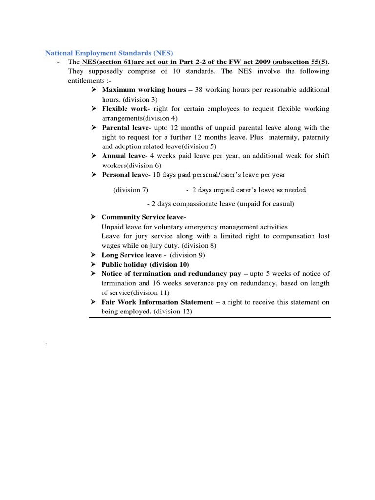 National Employment Standards (NES) | PDF
