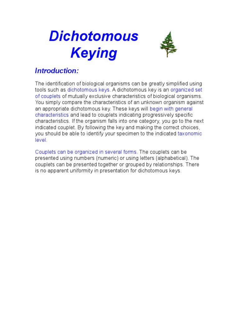 Dichotomous Keying Dichotomous Keys Organized Set of Couplets Begin