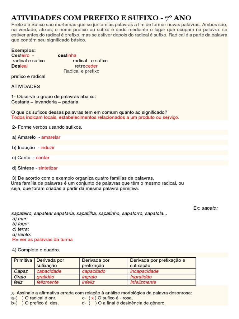 Atividades Com Prefixo e Sufixo | PDF