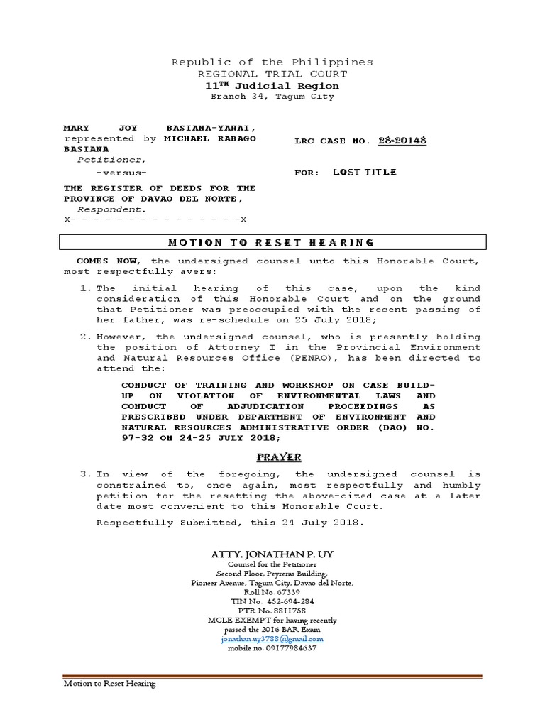 Motion to Reset Hearing Sample Justice Crime & Justice