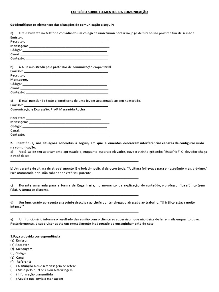 Exercício Sobre Elementos Da Comunicação | PDF | Comunicação | Informação