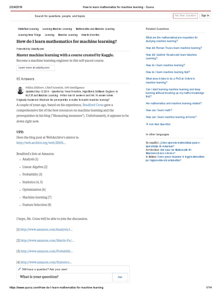 How To Learn Mathematics For Machine Learning - Quora | PDF | Robotics |  Teaching Mathematics
