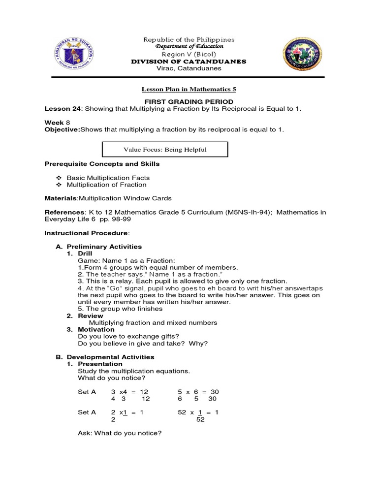 Lesson 24 Shows That Multiplying A Fraction by Its Reciprocal Is Equal ...