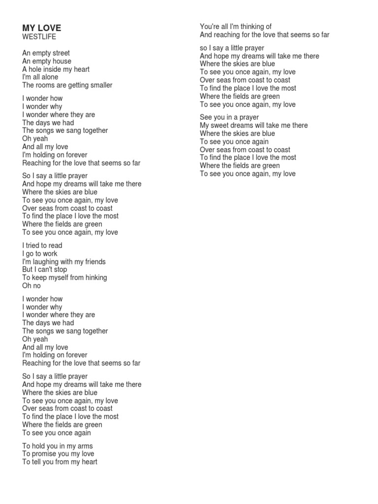 Westlife My Love lyrics sheet with musical notes