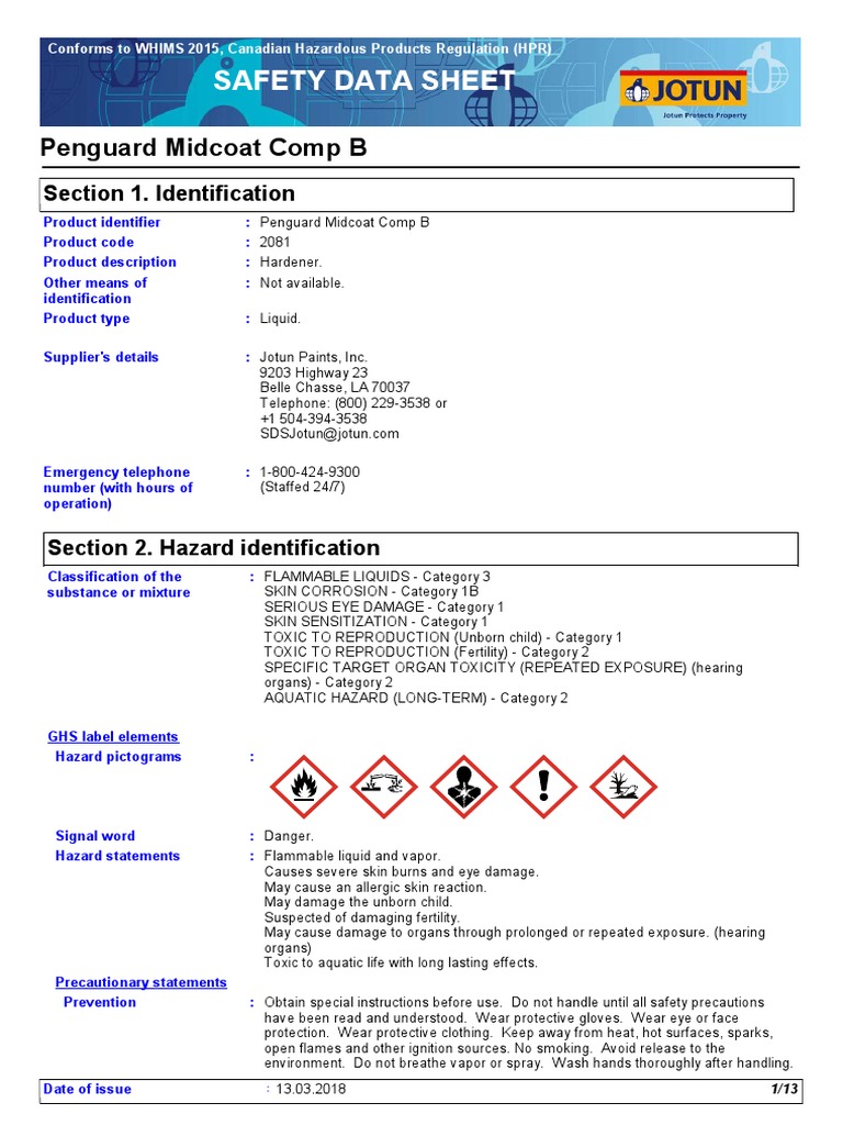 Msds Penguard Midcoat b Jotun Toxicity Dangerous Goods